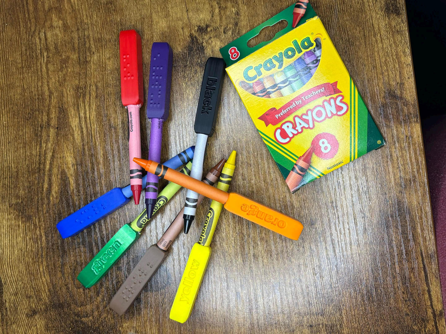 3D Printed Crayon Holder + Braille Caps Set | Crayola 8-Pack Accessible Coloring