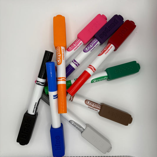 Braille Marker Toppers for Crayola Broad Line Classic Markers, 10 Pack with Cap Holder, 3D Printed Color ID Aid for Blind & Low Vision